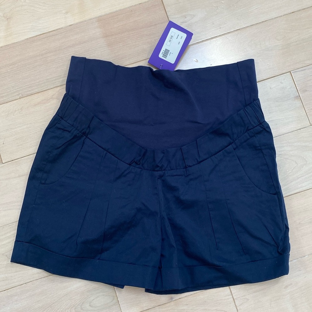 Seraphine navy sateen cotton maternity shorts